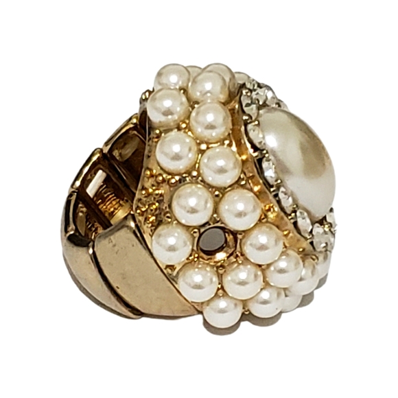 Fashion Jewelry Pearl Crystal Ring Elastic Band Size 7-8.5" Goldtone - Picture 4 of 5